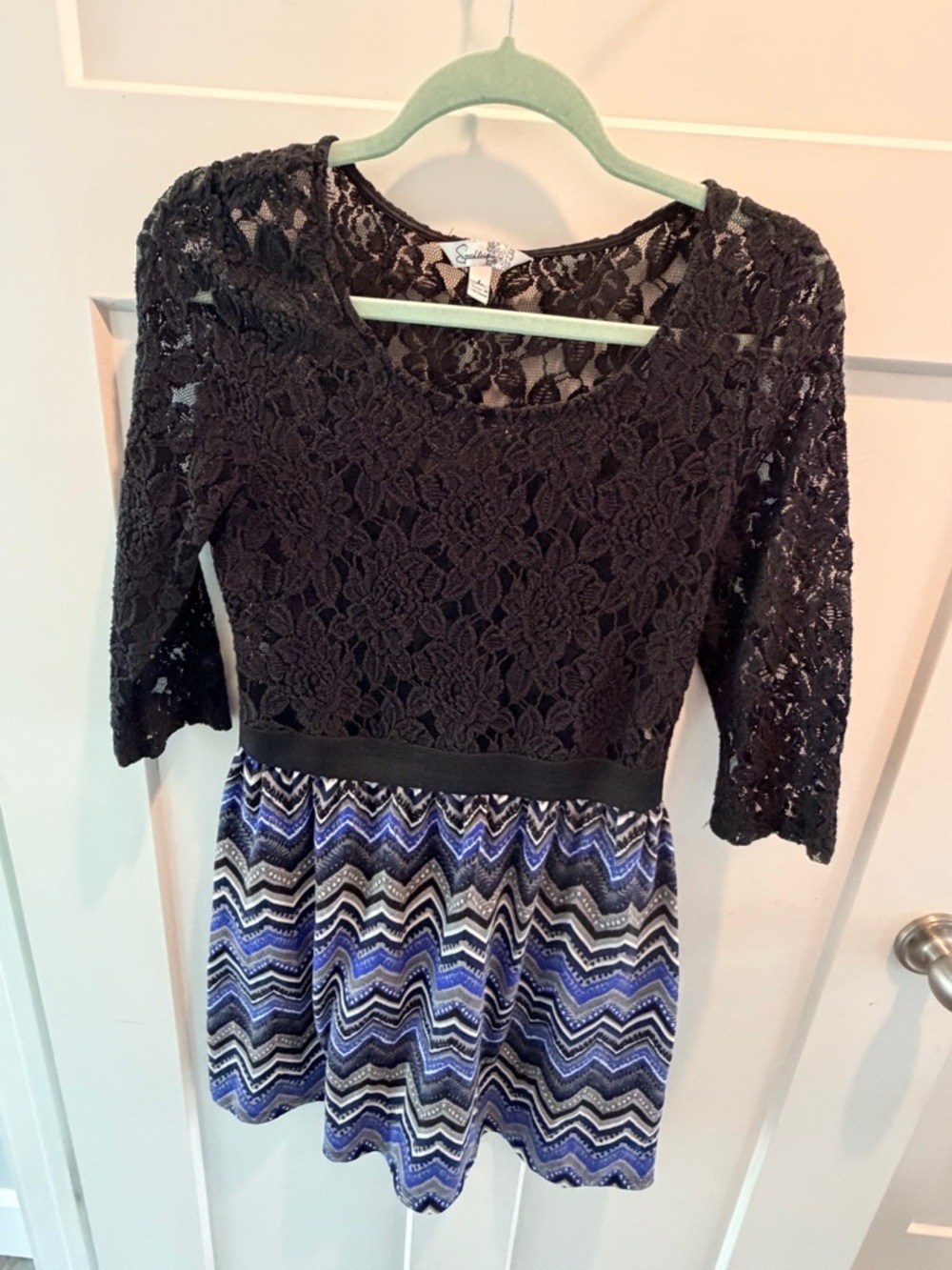 Speechless Lace Top Dress Large Black Blue Fit Flare 3/4 Sleeve